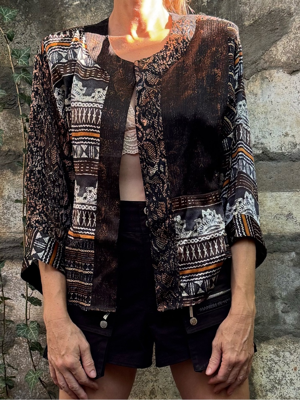 Silk Mixed Pattern Lightweight Open Front Jacket in Black and Brown